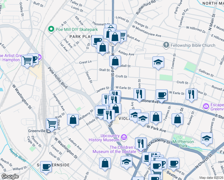map of restaurants, bars, coffee shops, grocery stores, and more near Rutherford Street in Greenville