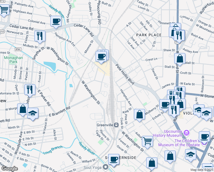 map of restaurants, bars, coffee shops, grocery stores, and more near 1103 Hampton Avenue in Greenville
