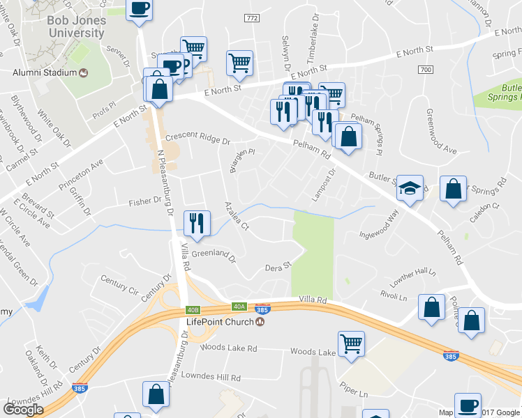 map of restaurants, bars, coffee shops, grocery stores, and more near 15 Conway Drive in Greenville