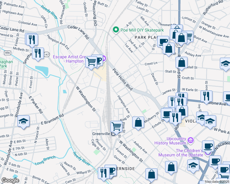 map of restaurants, bars, coffee shops, grocery stores, and more near 1101 Hampton Avenue in Greenville