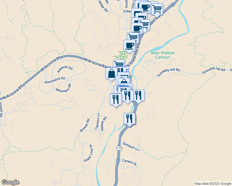 map of restaurants, bars, coffee shops, grocery stores, and more near 81 Soldier Washington Drive in Sedona