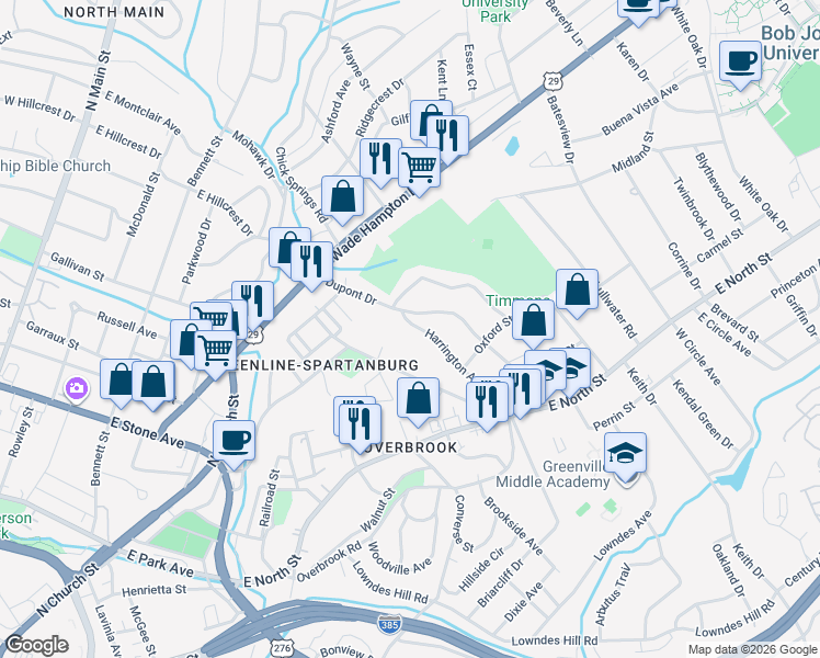 map of restaurants, bars, coffee shops, grocery stores, and more near 12382 Harrington Avenue in Greenville
