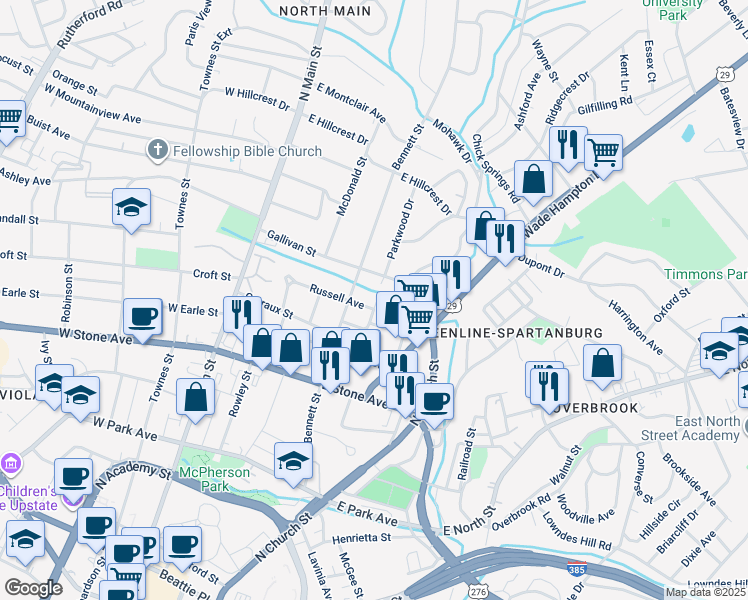 map of restaurants, bars, coffee shops, grocery stores, and more near 311 Russell Avenue in Greenville