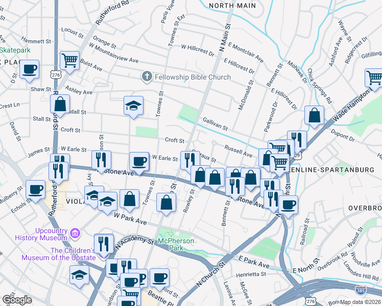 map of restaurants, bars, coffee shops, grocery stores, and more near 800 North Main Street in Greenville