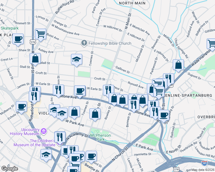 map of restaurants, bars, coffee shops, grocery stores, and more near 800 North Main Street in Greenville