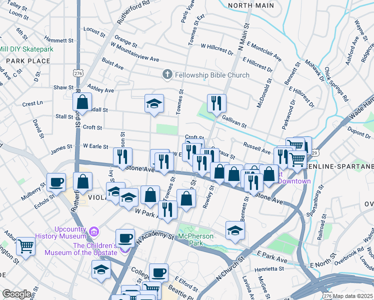 map of restaurants, bars, coffee shops, grocery stores, and more near 14 West Earle Street in Greenville