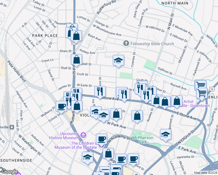 map of restaurants, bars, coffee shops, grocery stores, and more near 211 West Earle Street in Greenville