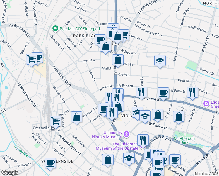 map of restaurants, bars, coffee shops, grocery stores, and more near 118 James Street in Greenville