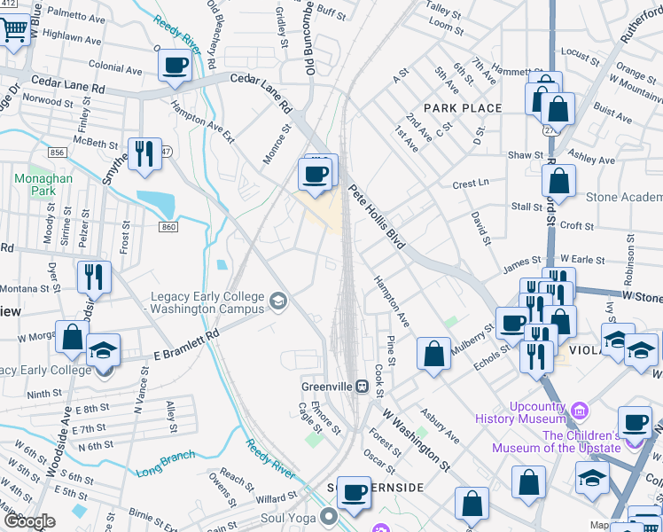 map of restaurants, bars, coffee shops, grocery stores, and more near 1103 Hampton Avenue in Greenville