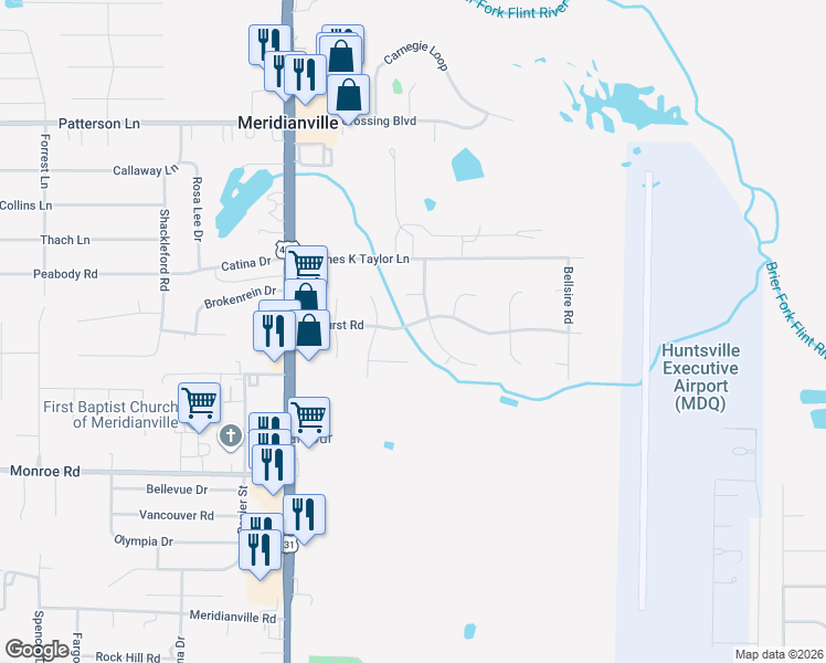 map of restaurants, bars, coffee shops, grocery stores, and more near 128 Bellhurst Road in Meridianville