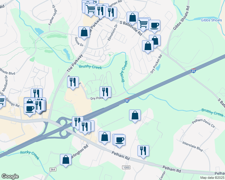 map of restaurants, bars, coffee shops, grocery stores, and more near 2670 Dry Pocket Road in Greer