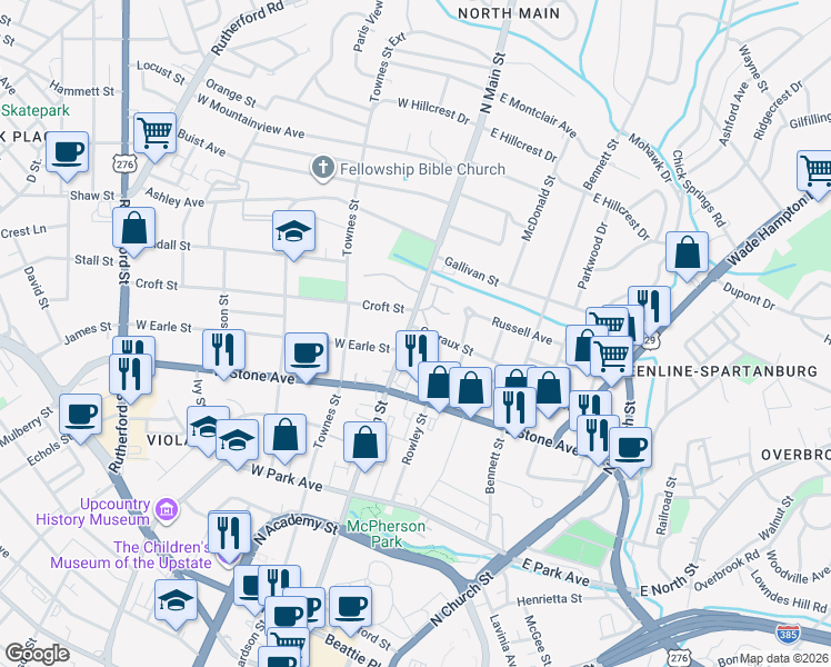 map of restaurants, bars, coffee shops, grocery stores, and more near 808 North Main Street in Greenville