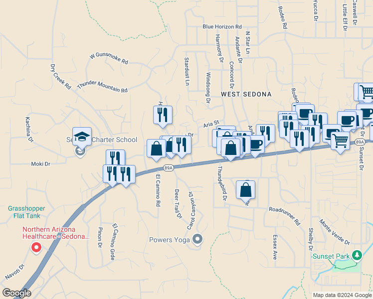 map of restaurants, bars, coffee shops, grocery stores, and more near 2860 Southwest Drive in Sedona