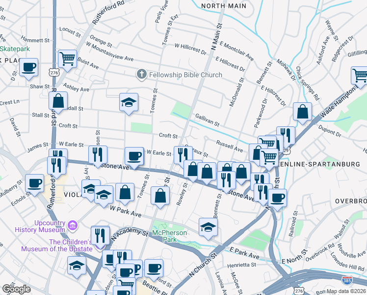 map of restaurants, bars, coffee shops, grocery stores, and more near 800 North Main Street in Greenville