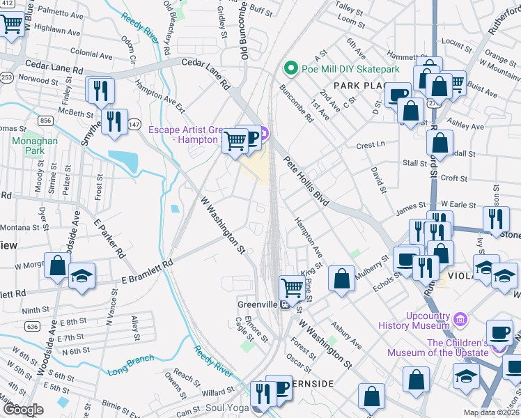 map of restaurants, bars, coffee shops, grocery stores, and more near 1101 Hampton Avenue in Greenville