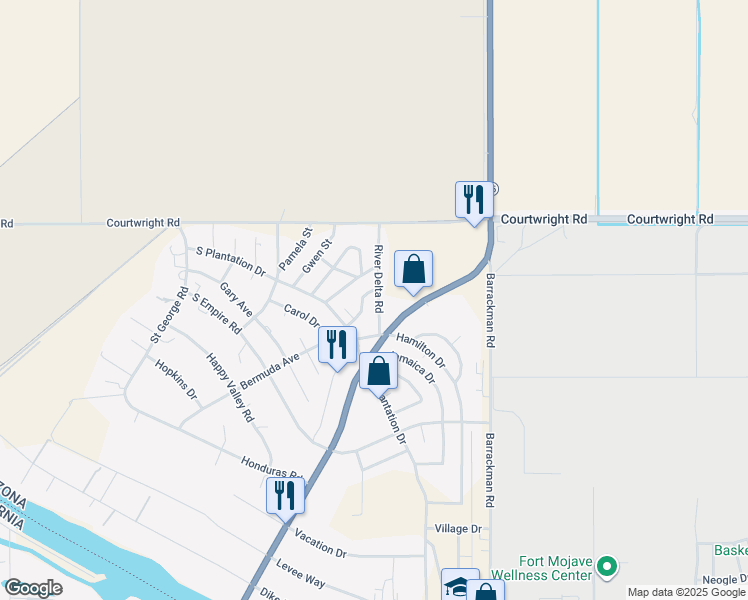 map of restaurants, bars, coffee shops, grocery stores, and more near 10108 Virginia Drive in Mohave Valley