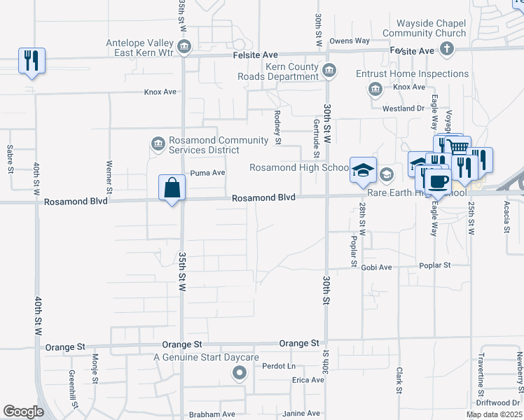 map of restaurants, bars, coffee shops, grocery stores, and more near Orange Street in Rosamond