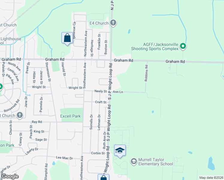 map of restaurants, bars, coffee shops, grocery stores, and more near 404 South J P Wright Loop Road in Jacksonville