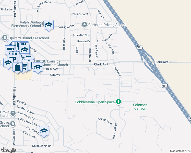 map of restaurants, bars, coffee shops, grocery stores, and more near 1504 Oakridge Park Road in Santa Maria