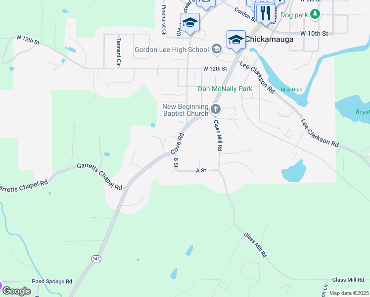 map of restaurants, bars, coffee shops, grocery stores, and more near 106 B Street in Chickamauga