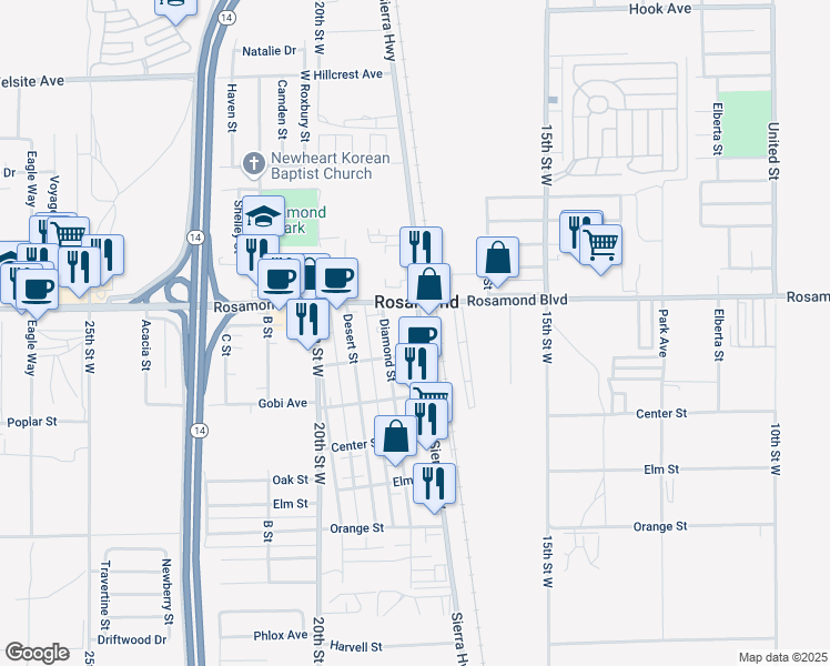 map of restaurants, bars, coffee shops, grocery stores, and more near 2939 Sierra Highway in Rosamond