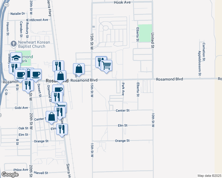 map of restaurants, bars, coffee shops, grocery stores, and more near 1332 West Rosamond Boulevard in Rosamond