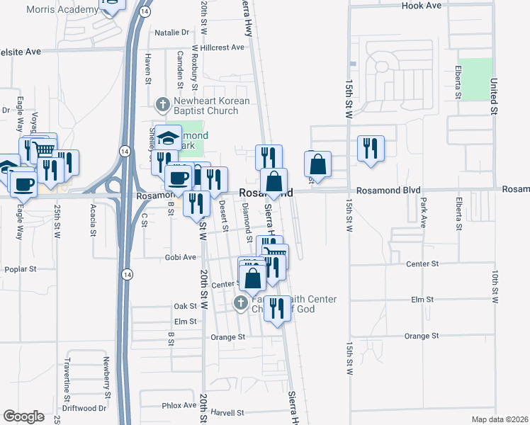 map of restaurants, bars, coffee shops, grocery stores, and more near 2939 Sierra Highway in Rosamond