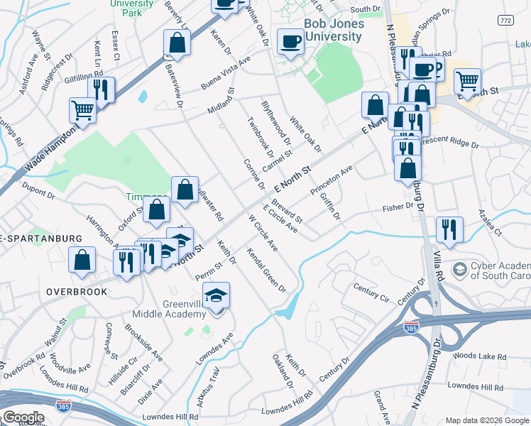 map of restaurants, bars, coffee shops, grocery stores, and more near 15513 East Circle Avenue in Greenville
