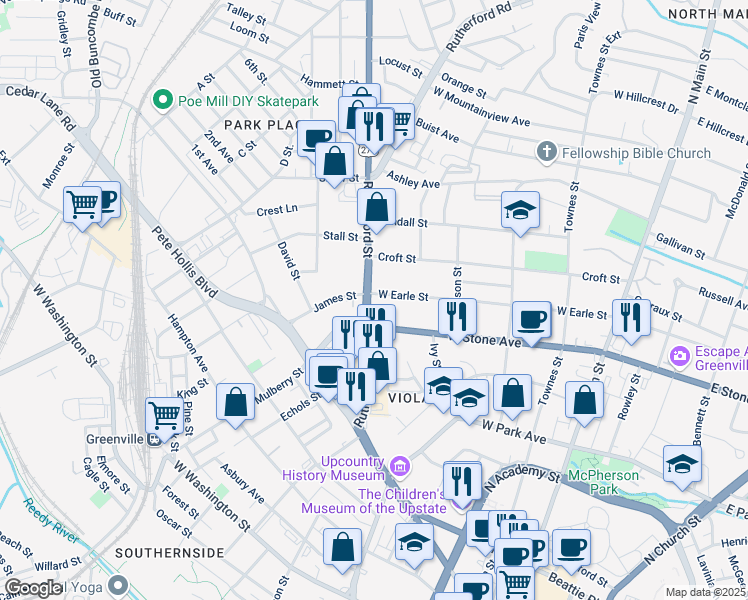 map of restaurants, bars, coffee shops, grocery stores, and more near 300 Rutherford Street in Greenville