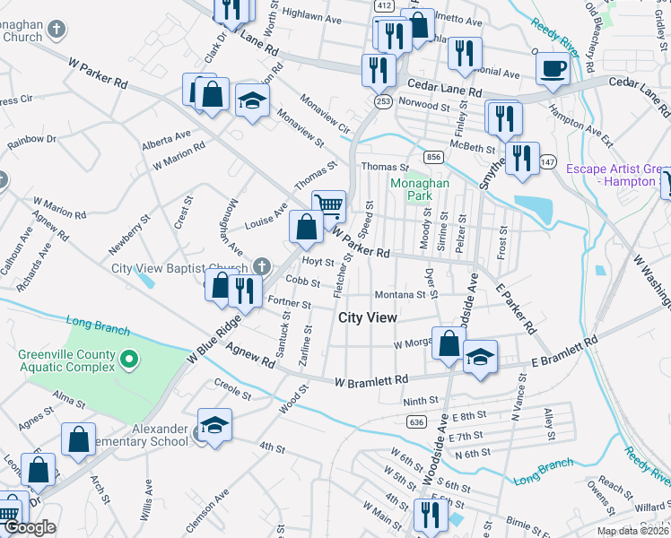 map of restaurants, bars, coffee shops, grocery stores, and more near 306 Fletcher Street in Greenville