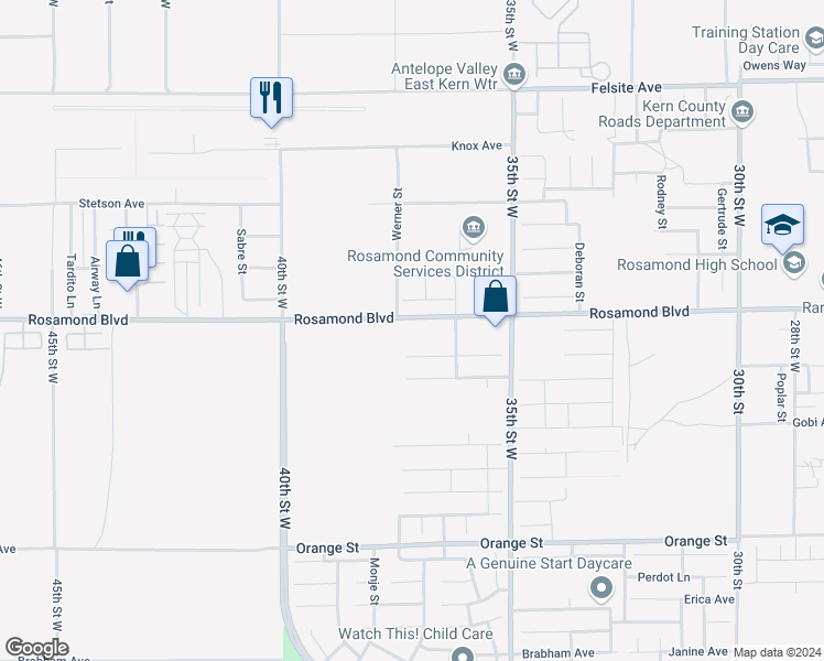 map of restaurants, bars, coffee shops, grocery stores, and more near 1431 West Rosamond Boulevard in Rosamond