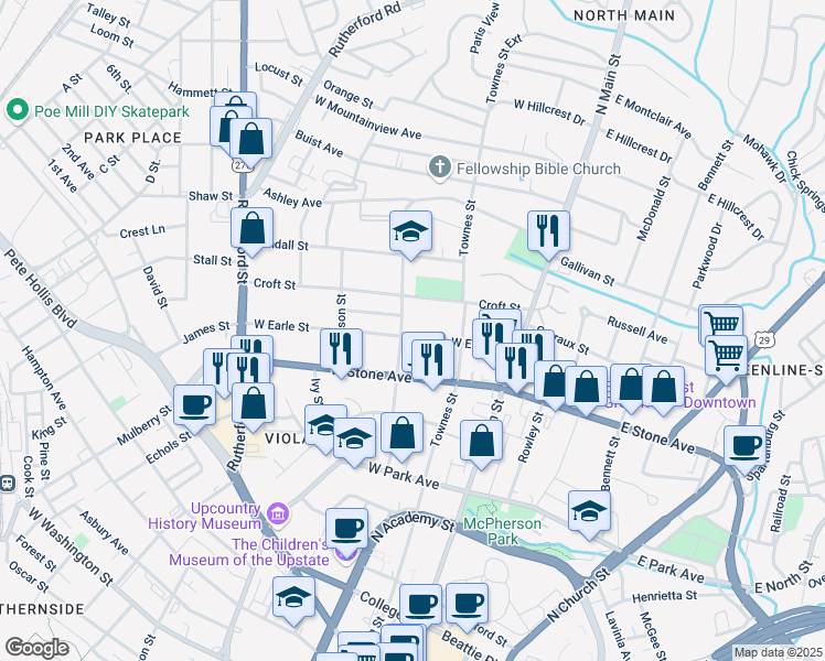 map of restaurants, bars, coffee shops, grocery stores, and more near 120 West Earle Street in Greenville