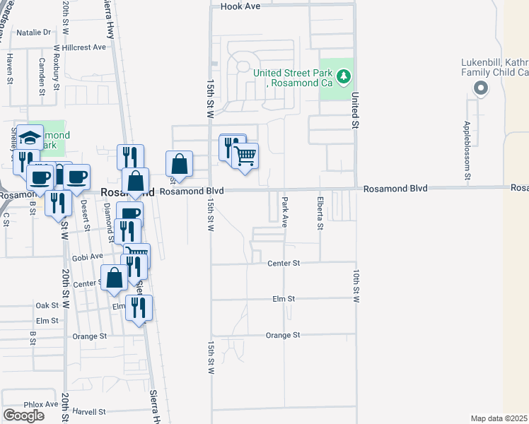 map of restaurants, bars, coffee shops, grocery stores, and more near 1332 West Rosamond Boulevard in Rosamond