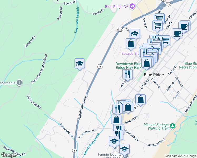 map of restaurants, bars, coffee shops, grocery stores, and more near 3240 Appalachian Highway in Blue Ridge