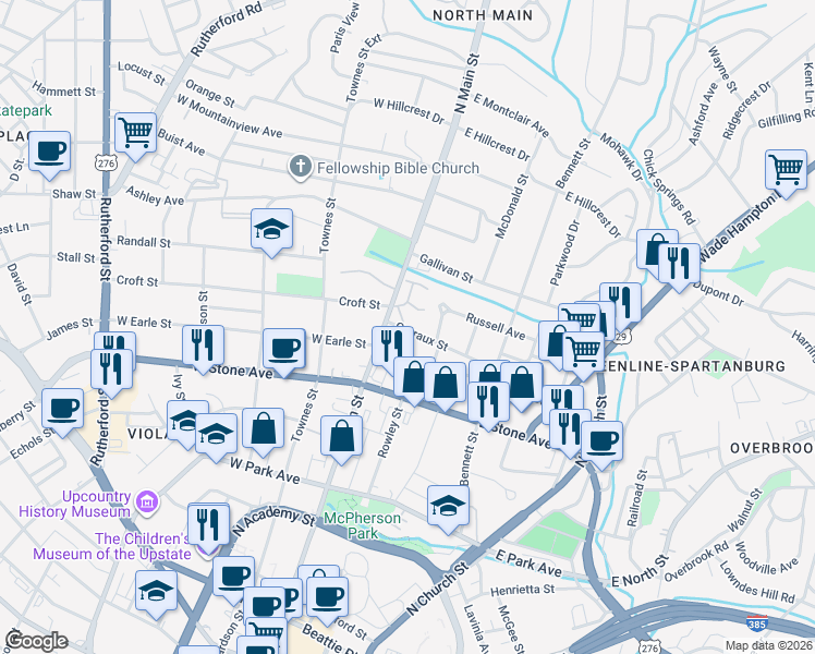 map of restaurants, bars, coffee shops, grocery stores, and more near 19 Garraux Street in Greenville