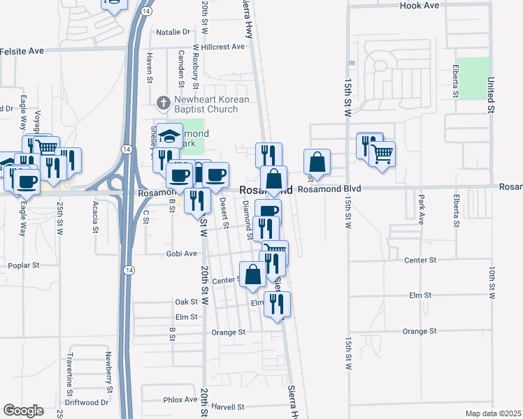 map of restaurants, bars, coffee shops, grocery stores, and more near 2939 Sierra Highway in Rosamond