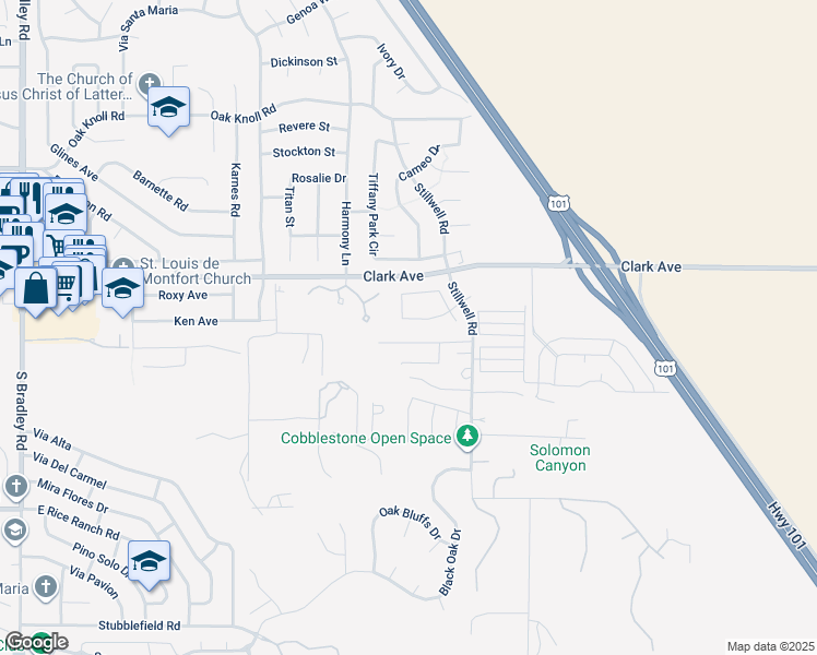 map of restaurants, bars, coffee shops, grocery stores, and more near 1555 Jensen Ranch Road in Santa Maria