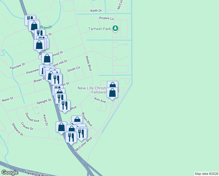 map of restaurants, bars, coffee shops, grocery stores, and more near 116 Witten Circle in Havelock
