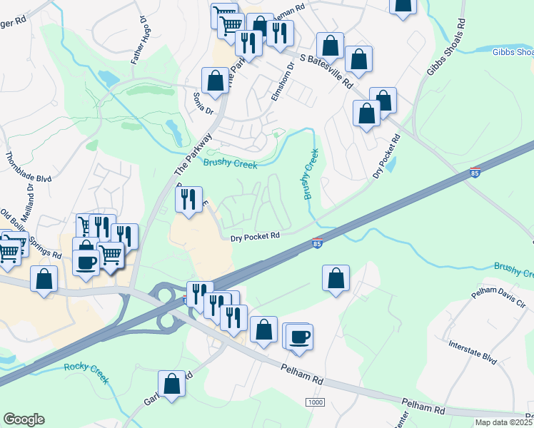 map of restaurants, bars, coffee shops, grocery stores, and more near 2670 Dry Pocket Road in Greenville