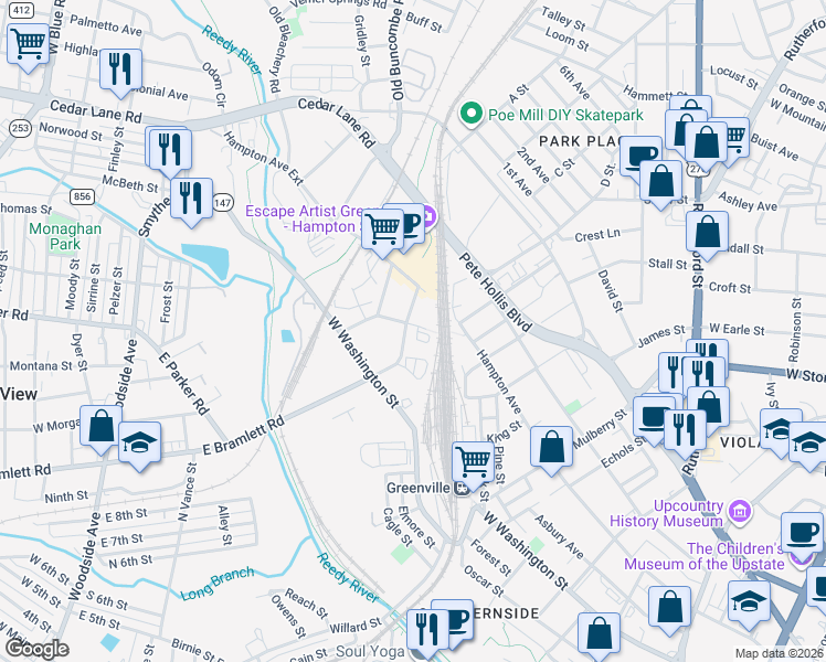 map of restaurants, bars, coffee shops, grocery stores, and more near 208 East Bramlett Road in Greenville