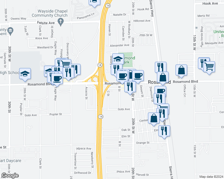map of restaurants, bars, coffee shops, grocery stores, and more near 2922 C Street in Rosamond