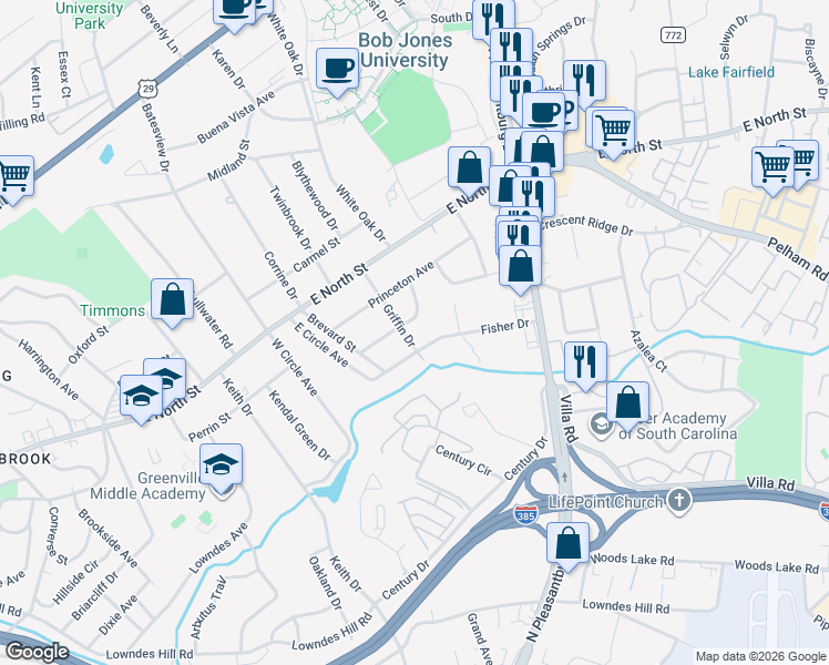 map of restaurants, bars, coffee shops, grocery stores, and more near 211 Griffin Drive in Greenville