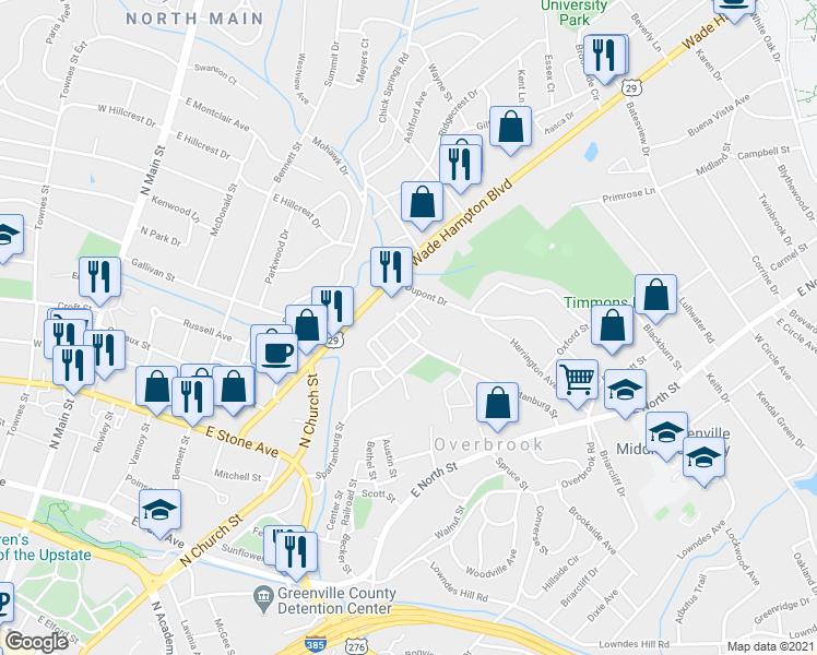 map of restaurants, bars, coffee shops, grocery stores, and more near 111 Mount Zion Avenue in Greenville