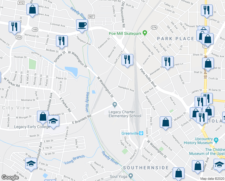 map of restaurants, bars, coffee shops, grocery stores, and more near 1704 West Washington Street in Greenville