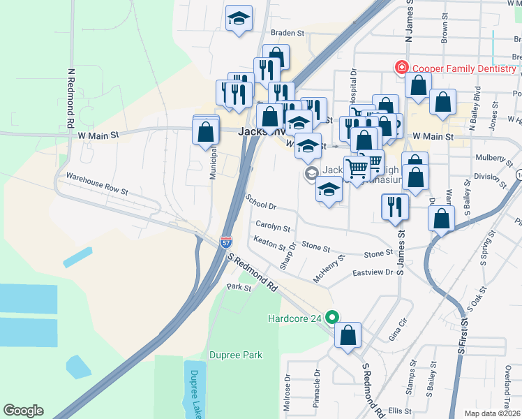 map of restaurants, bars, coffee shops, grocery stores, and more near 1701 School Drive in Jacksonville