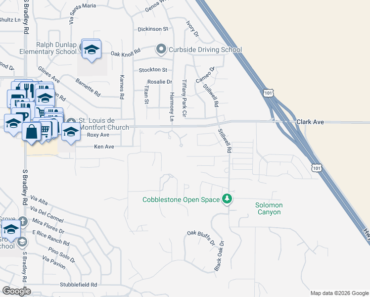 map of restaurants, bars, coffee shops, grocery stores, and more near 1519 Jensen Ranch Road in Santa Maria