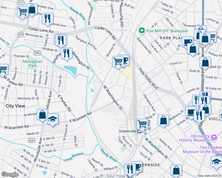 map of restaurants, bars, coffee shops, grocery stores, and more near 1704 West Washington Street in Greenville