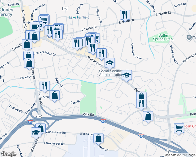 map of restaurants, bars, coffee shops, grocery stores, and more near 300 Pelham Road in Greenville