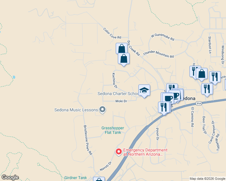 map of restaurants, bars, coffee shops, grocery stores, and more near 85 Piki Drive in Sedona
