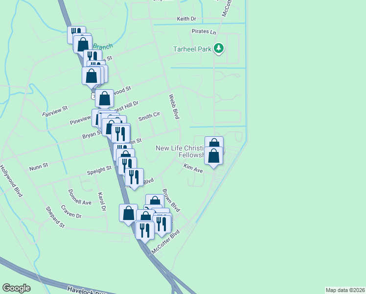 map of restaurants, bars, coffee shops, grocery stores, and more near 148 Witten Circle in Havelock